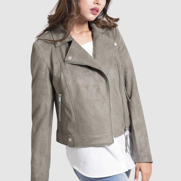 OLGYN Women’s Biker Suede Olive Leather Jacket - Picture 4 of 5